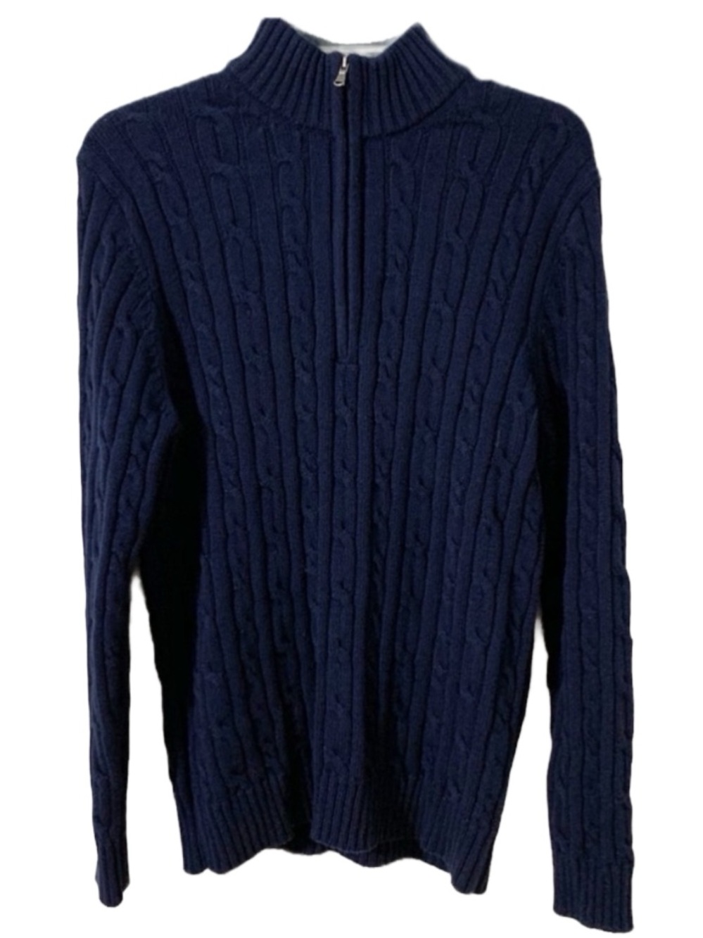 Izod Men’s Med Cotton Quarter Zip Cable Knit Sweater Navy Blue Mock Neck Preppy